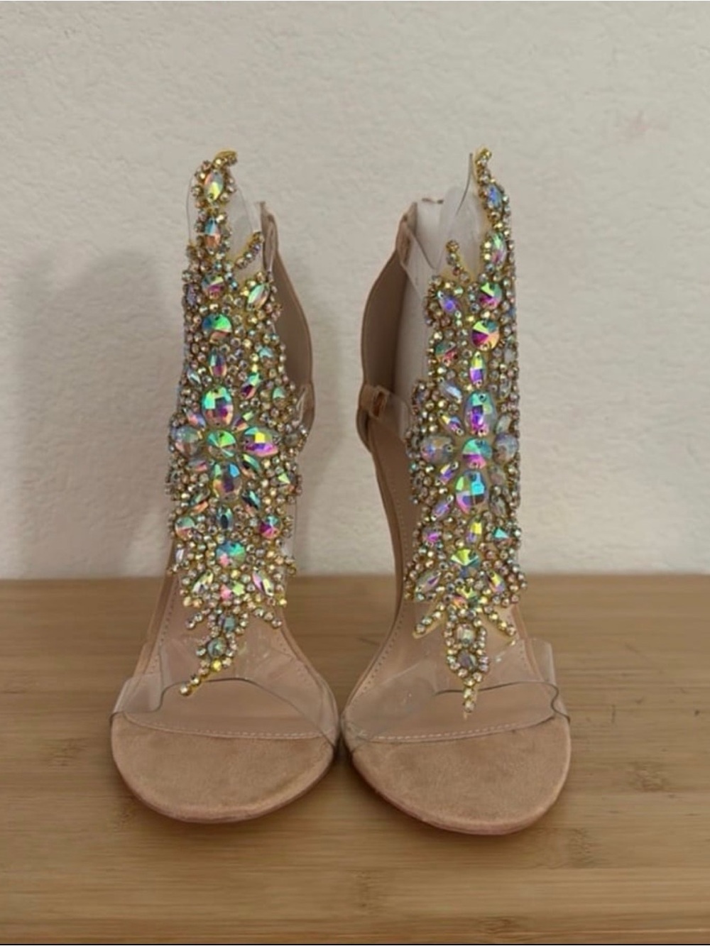 Embellished Nude Crystal T-Strap Heels